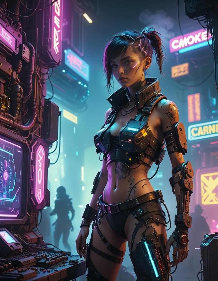 Abstract art. Combat biopunk female in a post-cyberpunk setting. Sharp focus, neon light emitting diodes, smoke, motherb...