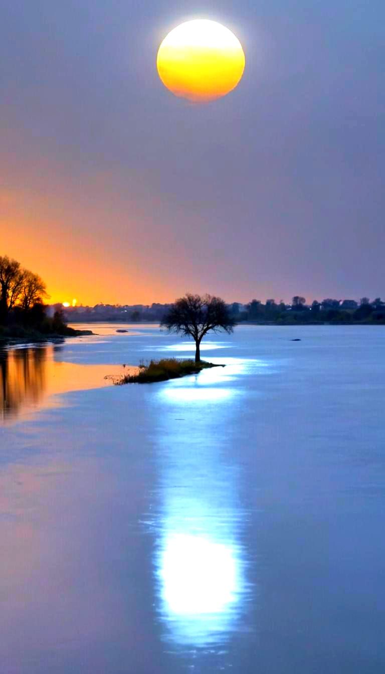 Lonely Tree at Sunset Over River