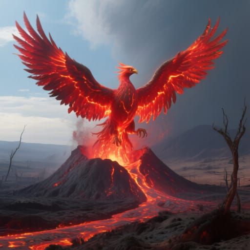 Phoenix Erupts from Volcano in Photorealistic Style