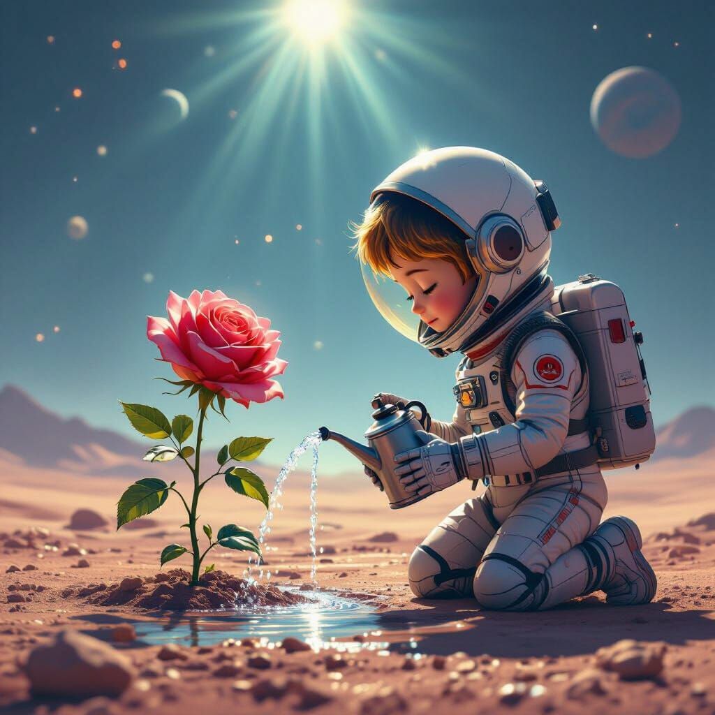 Little Prince Tends Futuristic Rose in Alien Landscape