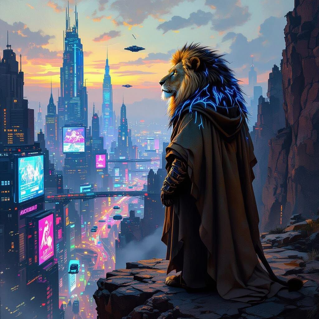 Lion Overlooks Neon City in Cyberpunk Oil Painting Style