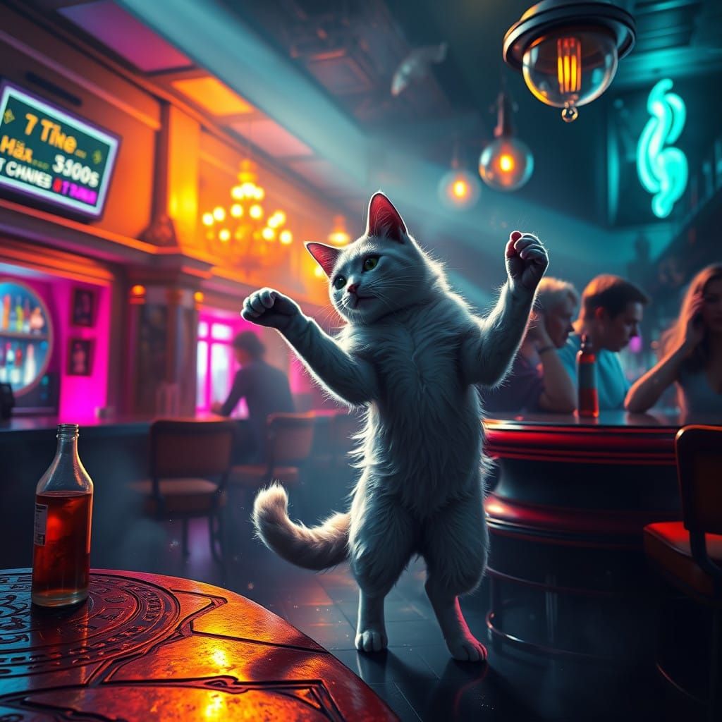 Feline Spectacle in a Vibrant Nightclub