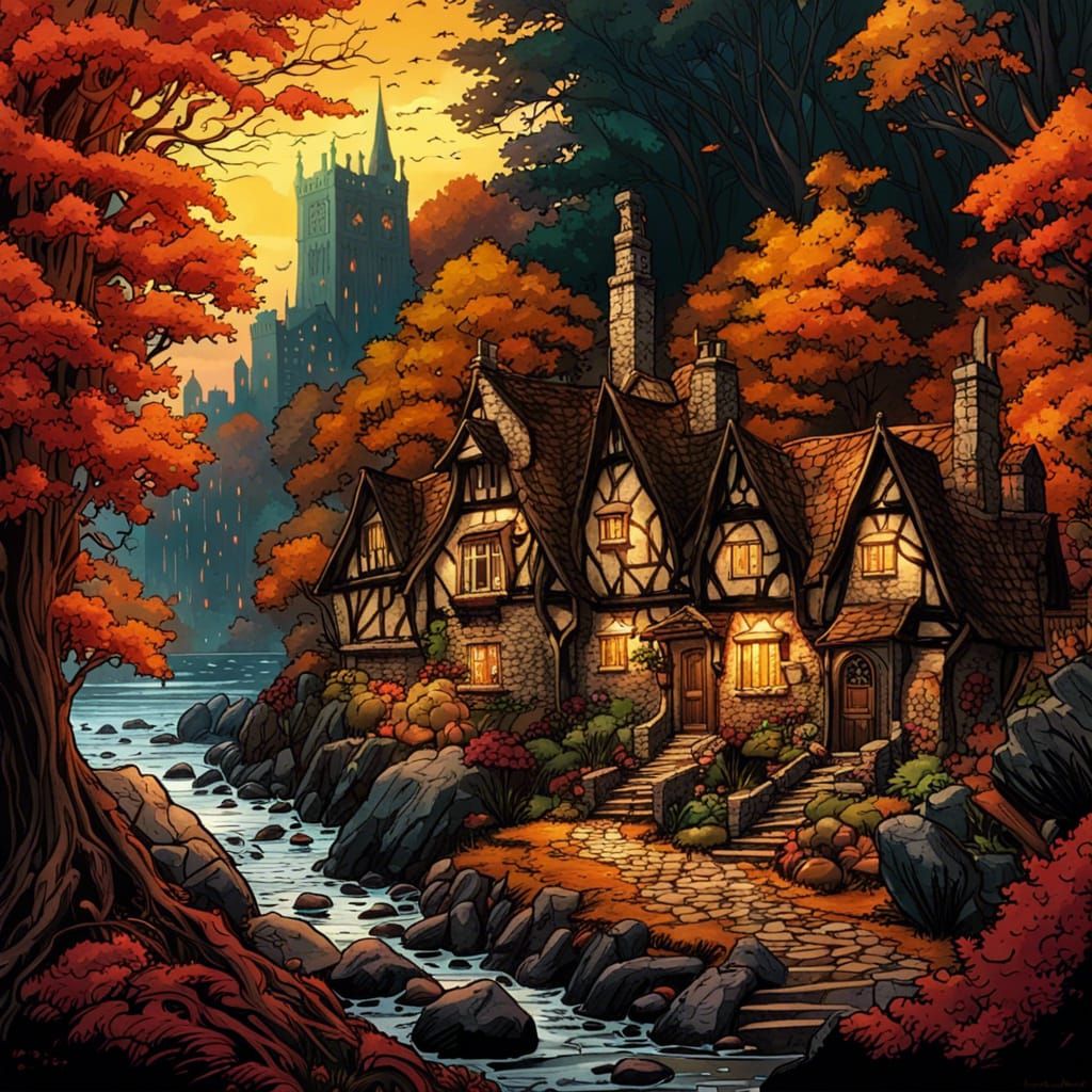 Gothic Tudor Village in Autumnal Forest