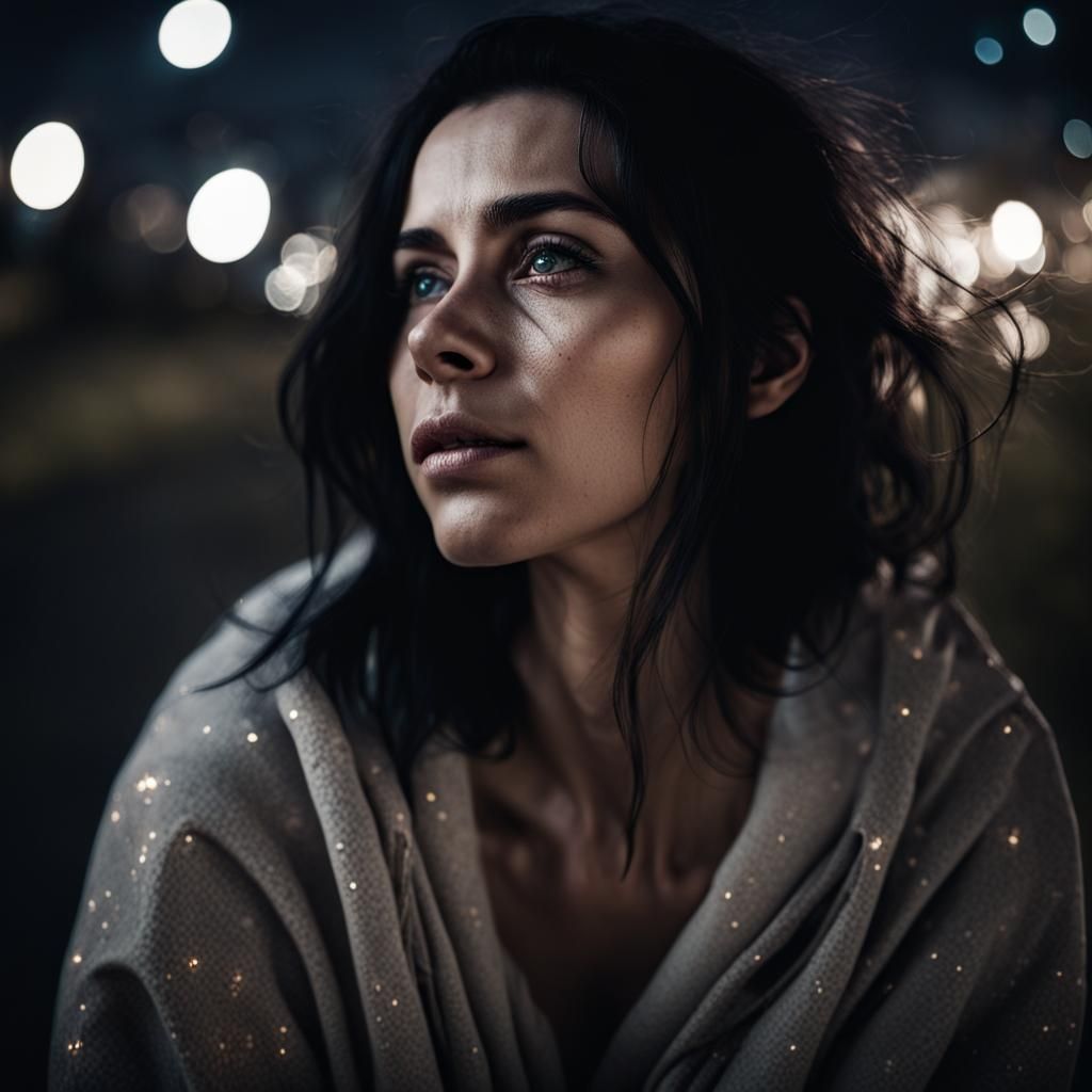 Woman Gazing at Stars: Realistic Night Portrait