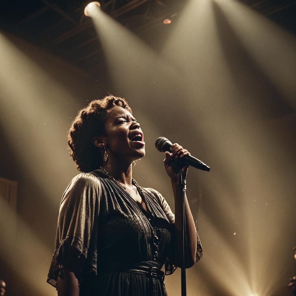 African American Woman Singing in Spotlight