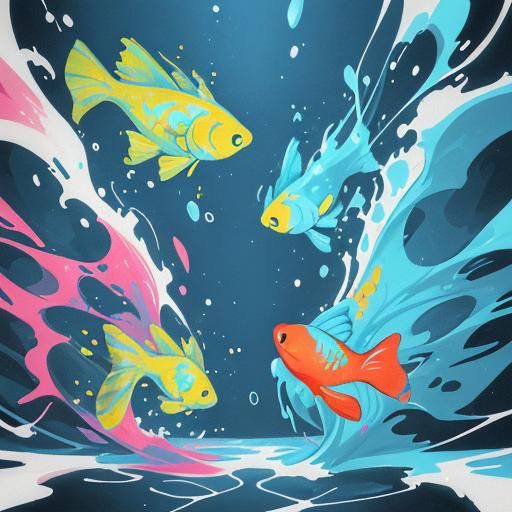 Colorful Fish Swimming in Opposite Directions as Graffiti Ar...