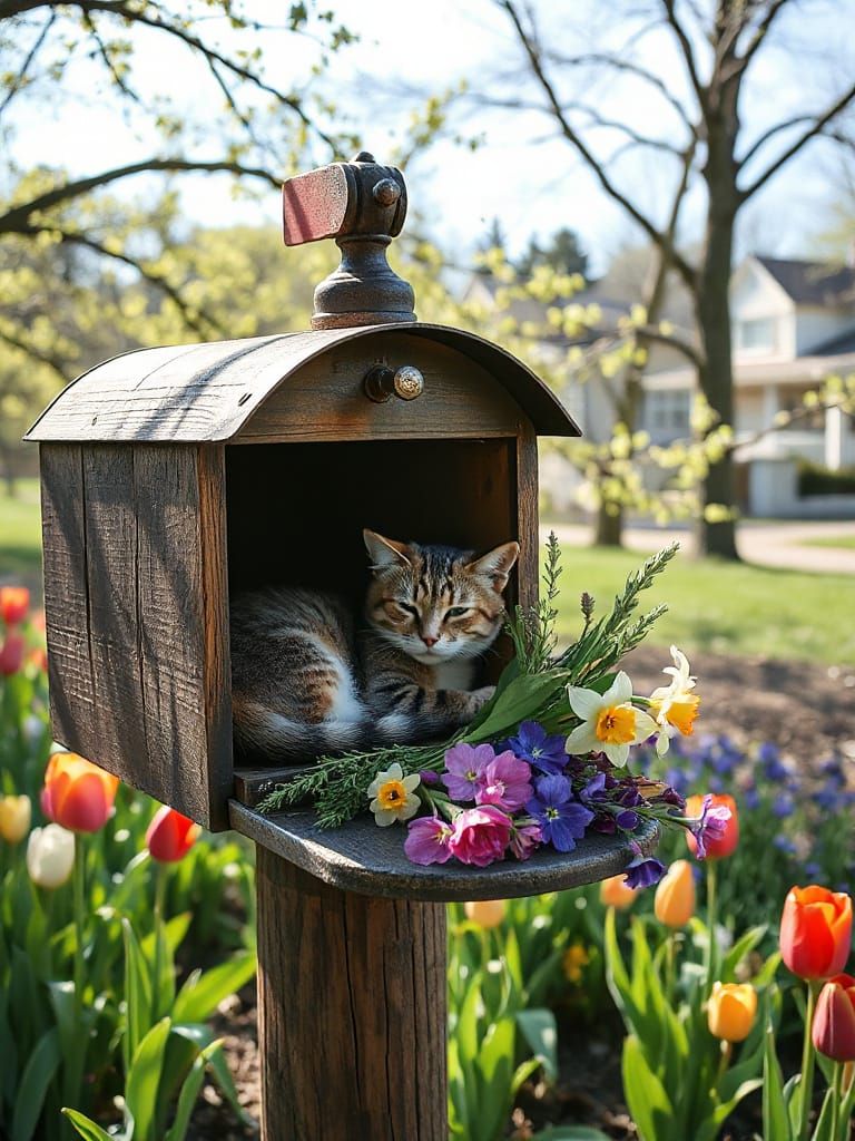 Cozy Cat Nook in Spring Flower Mailbox