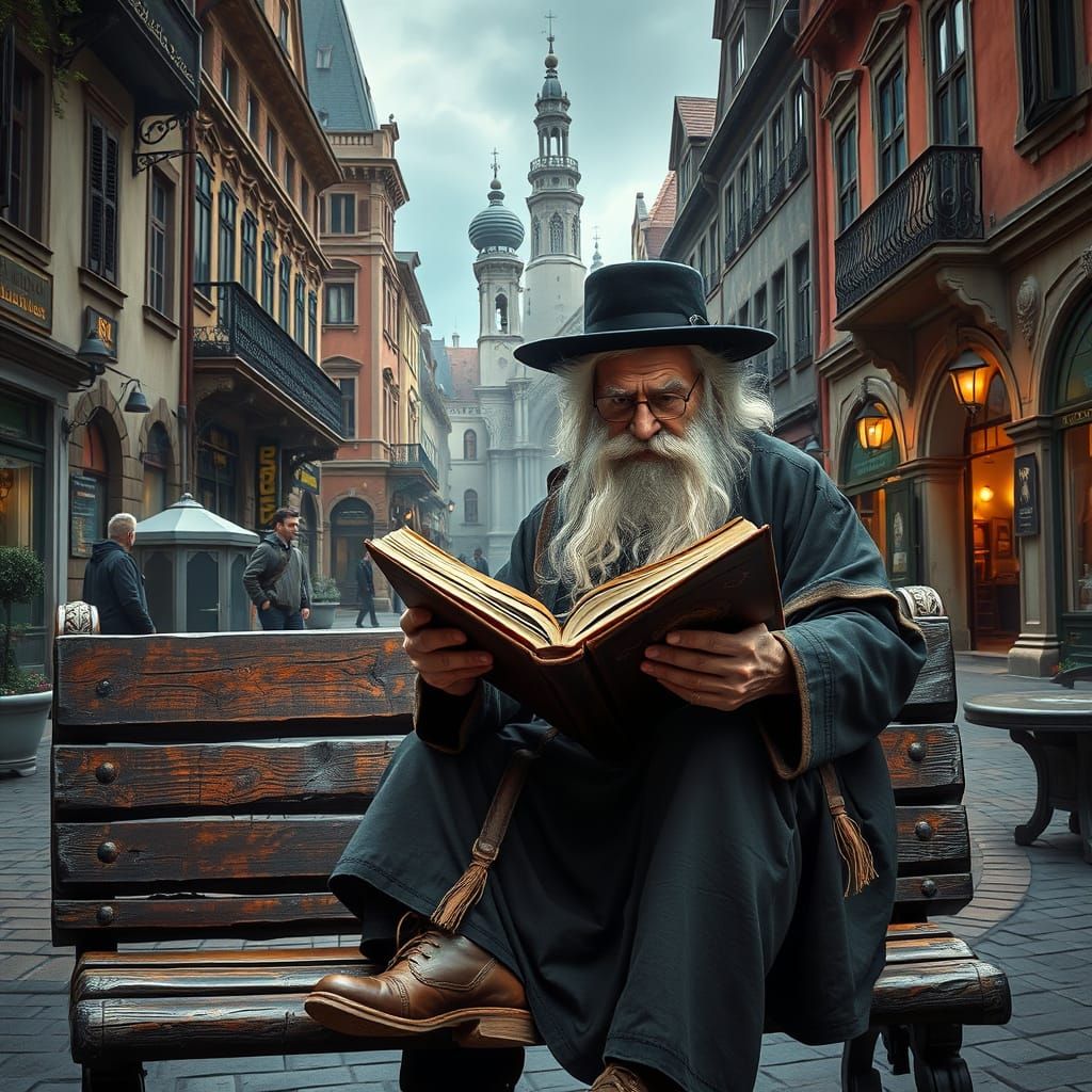 Elderly Rabbi Lost in Ancient Texts Amidst Bustling Town Squ...