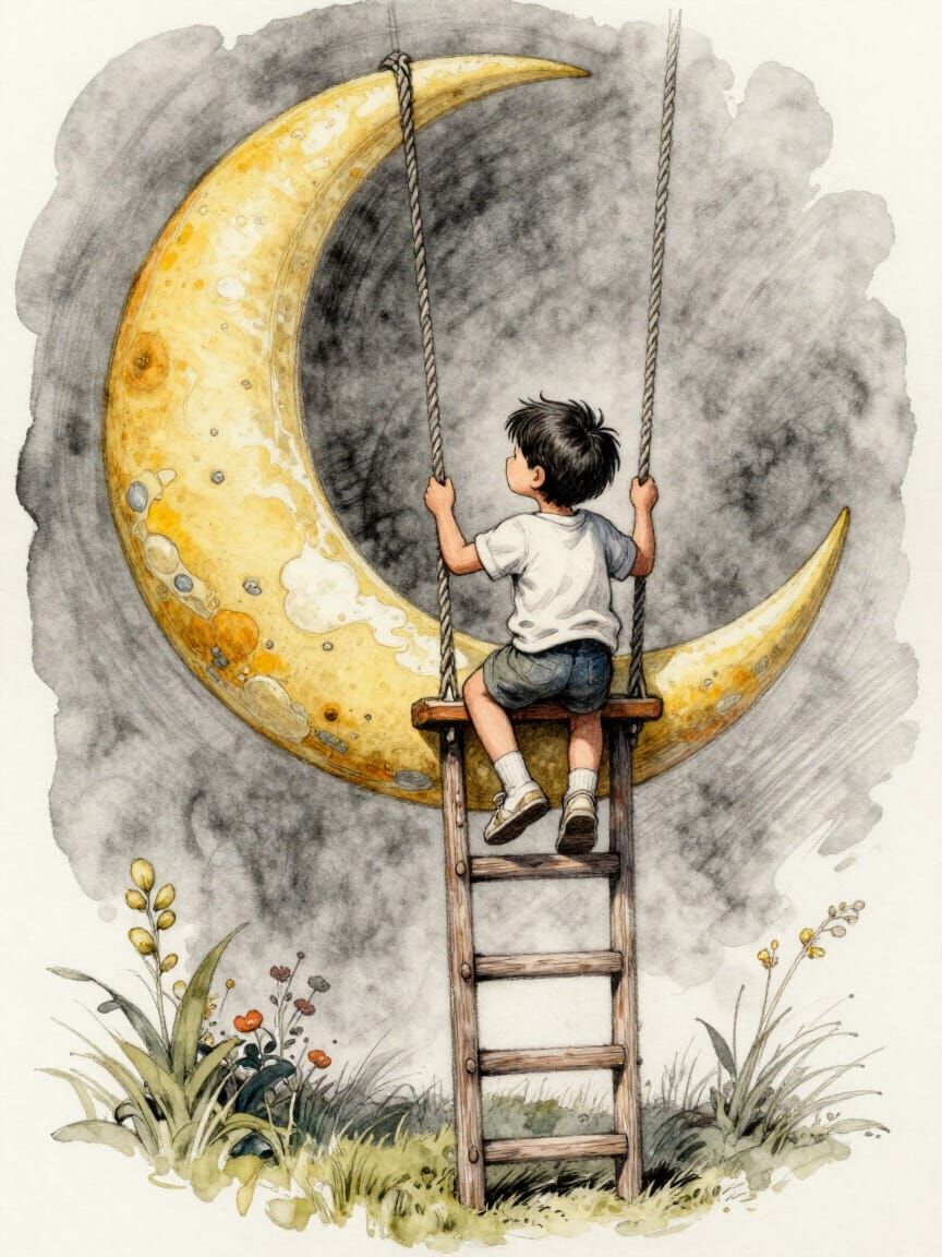 Child Climbs Ladder to Crescent Moon Swing