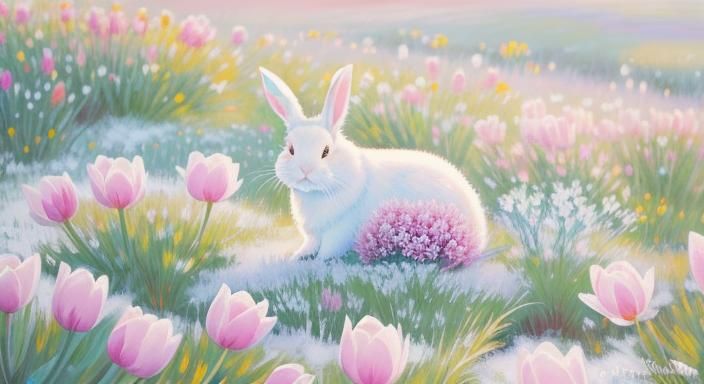 Rabbit in Snowy Meadow: Impressionist Oil Painting