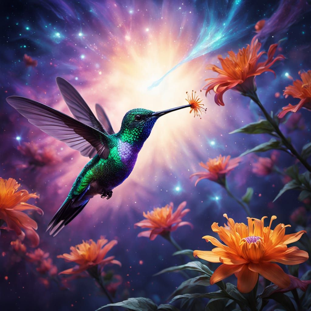 Cosmic Hummingbird Sips Nectar: Fantasy Concept Art