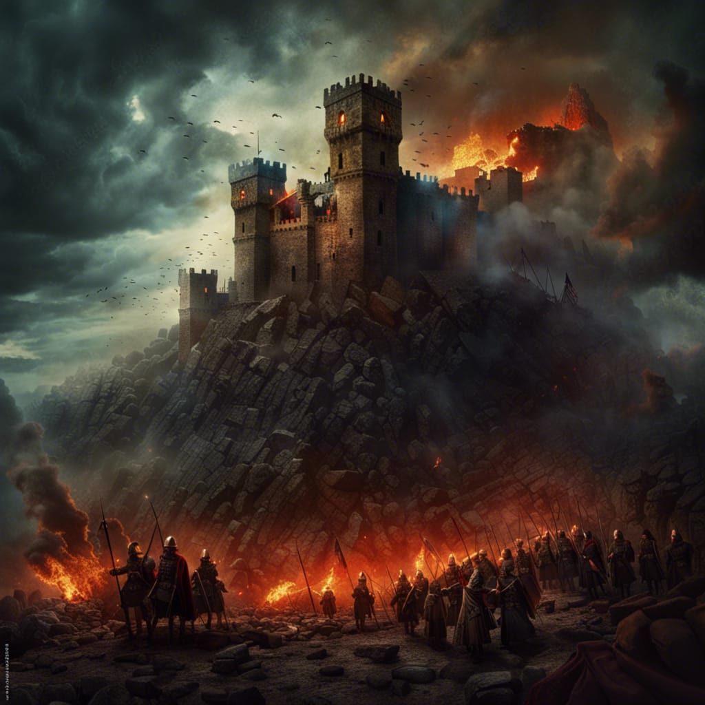 Besieging Army Surrounds Burning Castle: Fantasy Concept Art