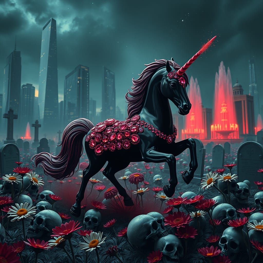Ruby Unicorn Galloping Through Nightmare Landscape