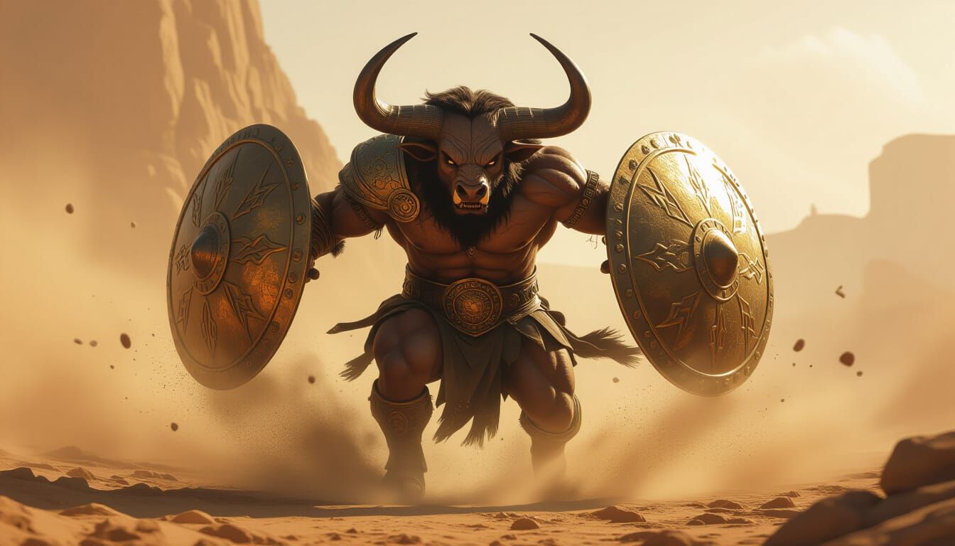 Minotaur Warrior Charging with Kite Shields in Epic Fantasy