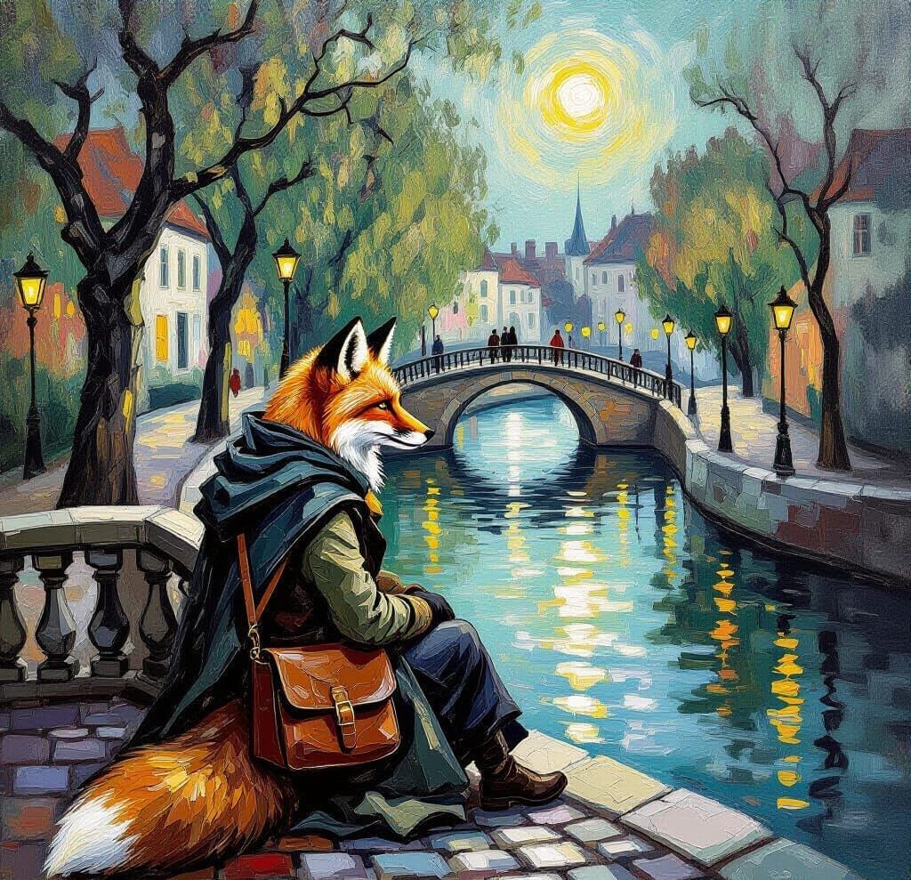 Pondering Fox on Cobblestone Bridge in Post-Impressionist St...