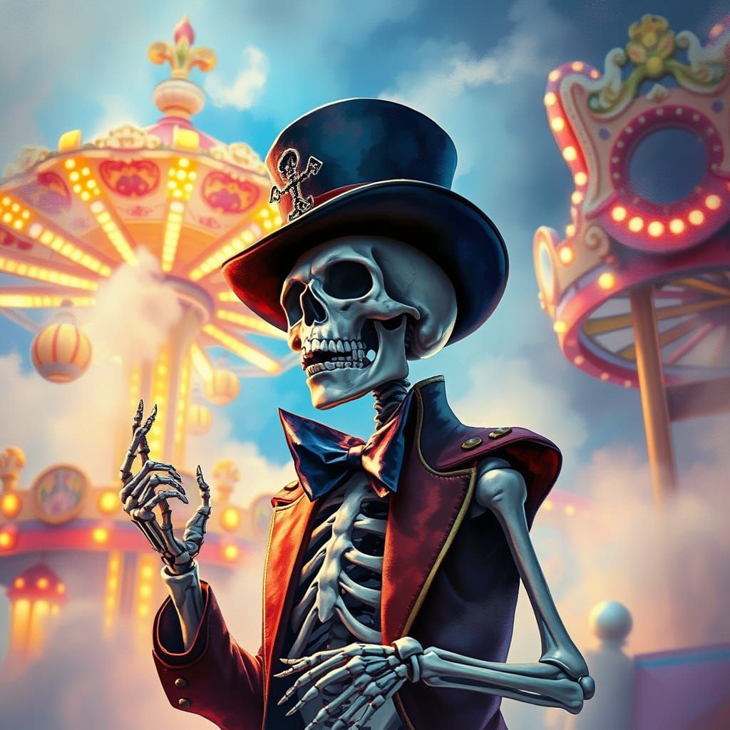 Skeleton Ringmaster in Watercolor Fantasy Amusement Park