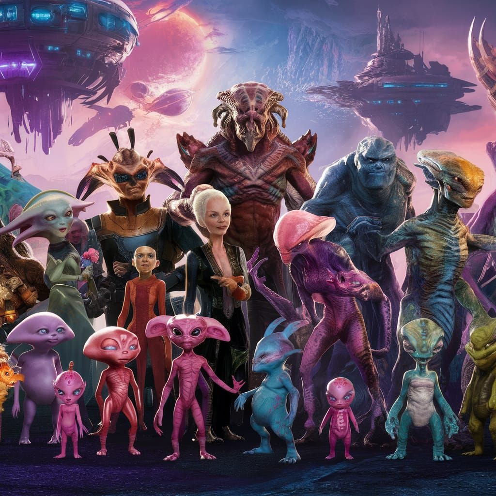 Diverse Aliens Gather in a Futuristic Cityscape