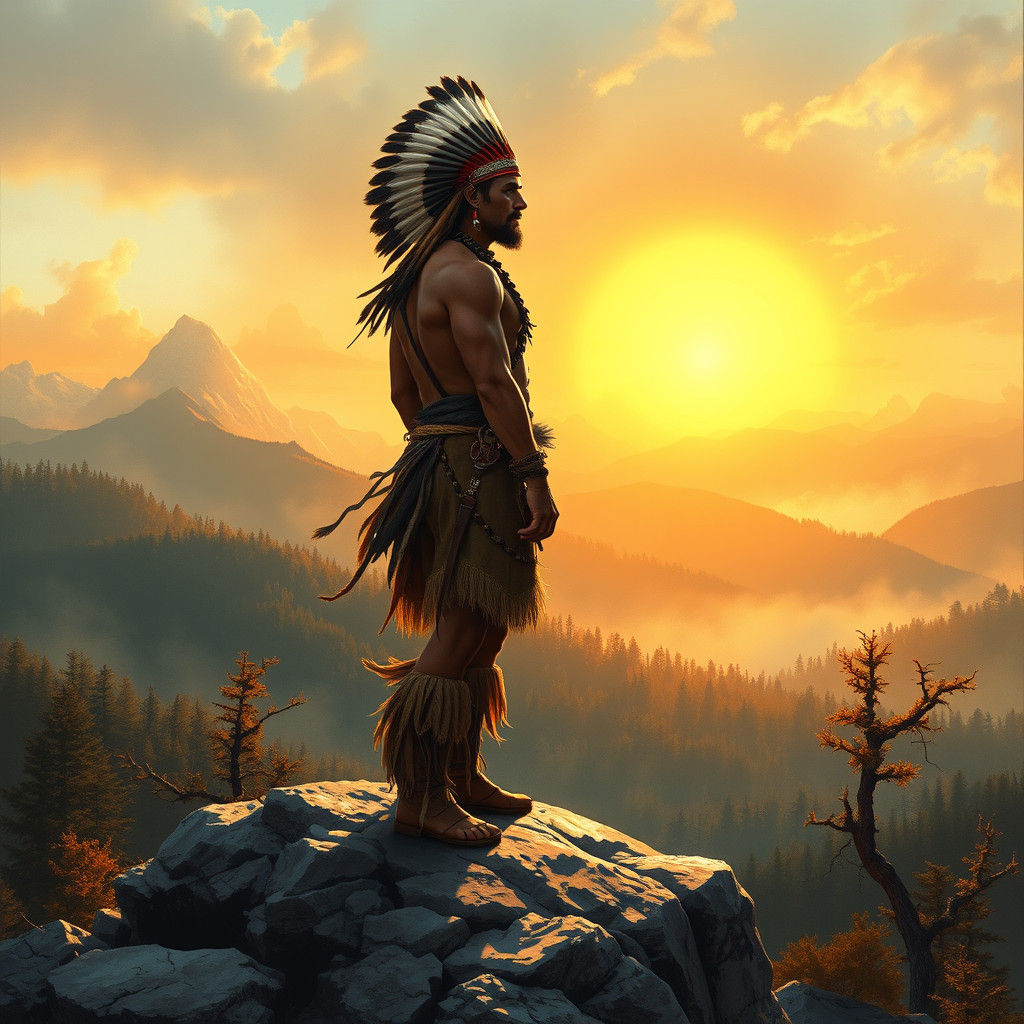 Native American Warrior Surveys Misty Mountains