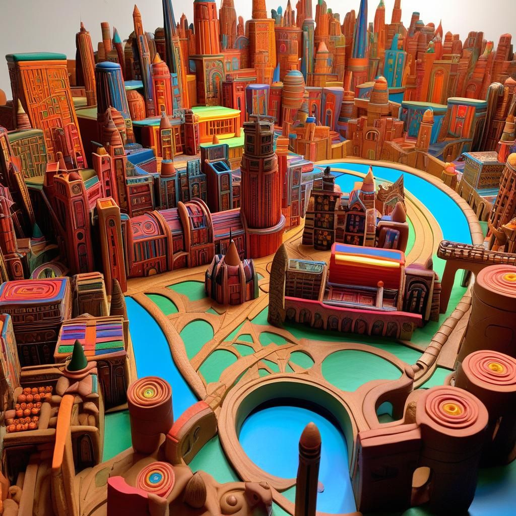 Colorful Clay Cityscape Model, Art Deco Architecture