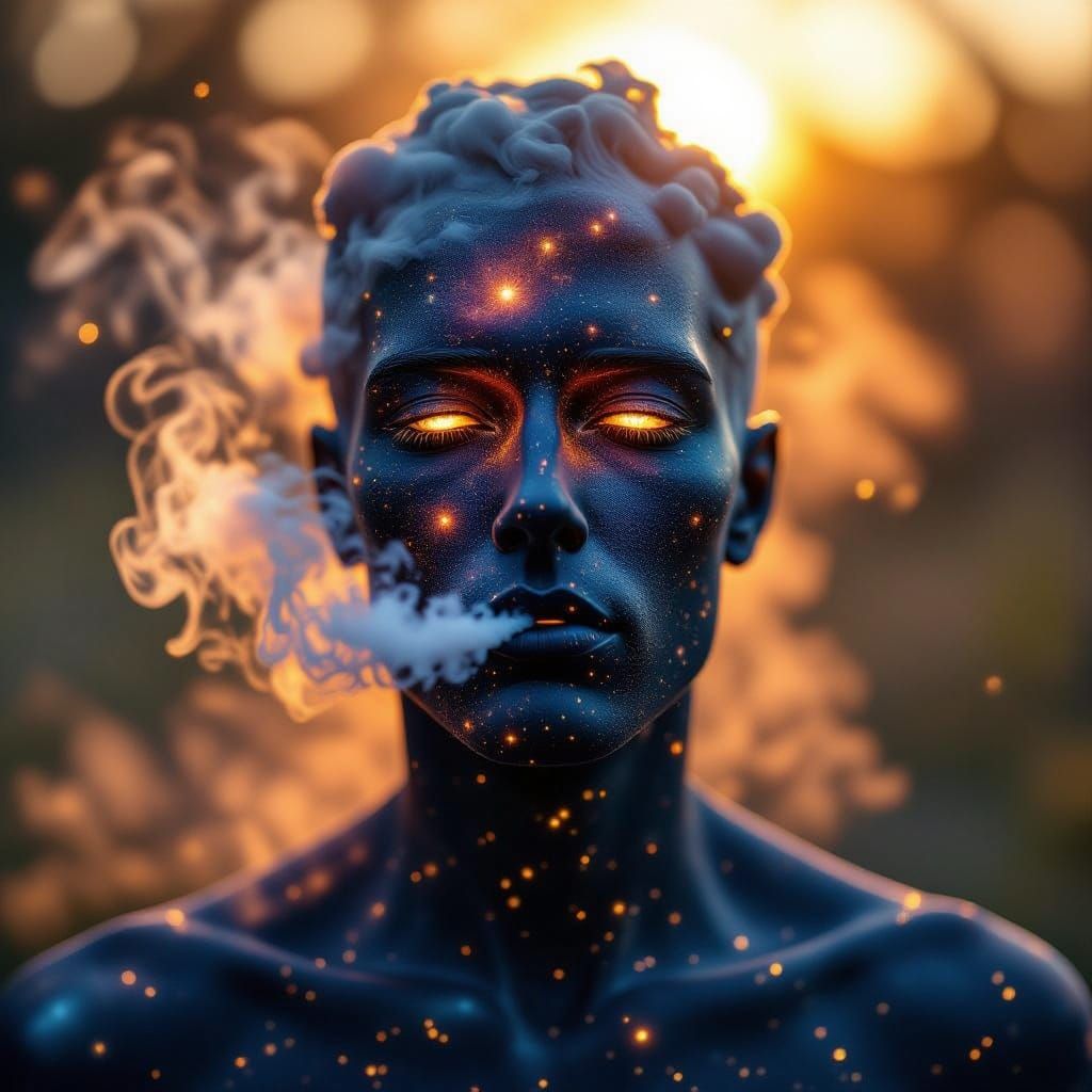 Cosmic Humanoid Smoking Blunt in Golden Hour Glow