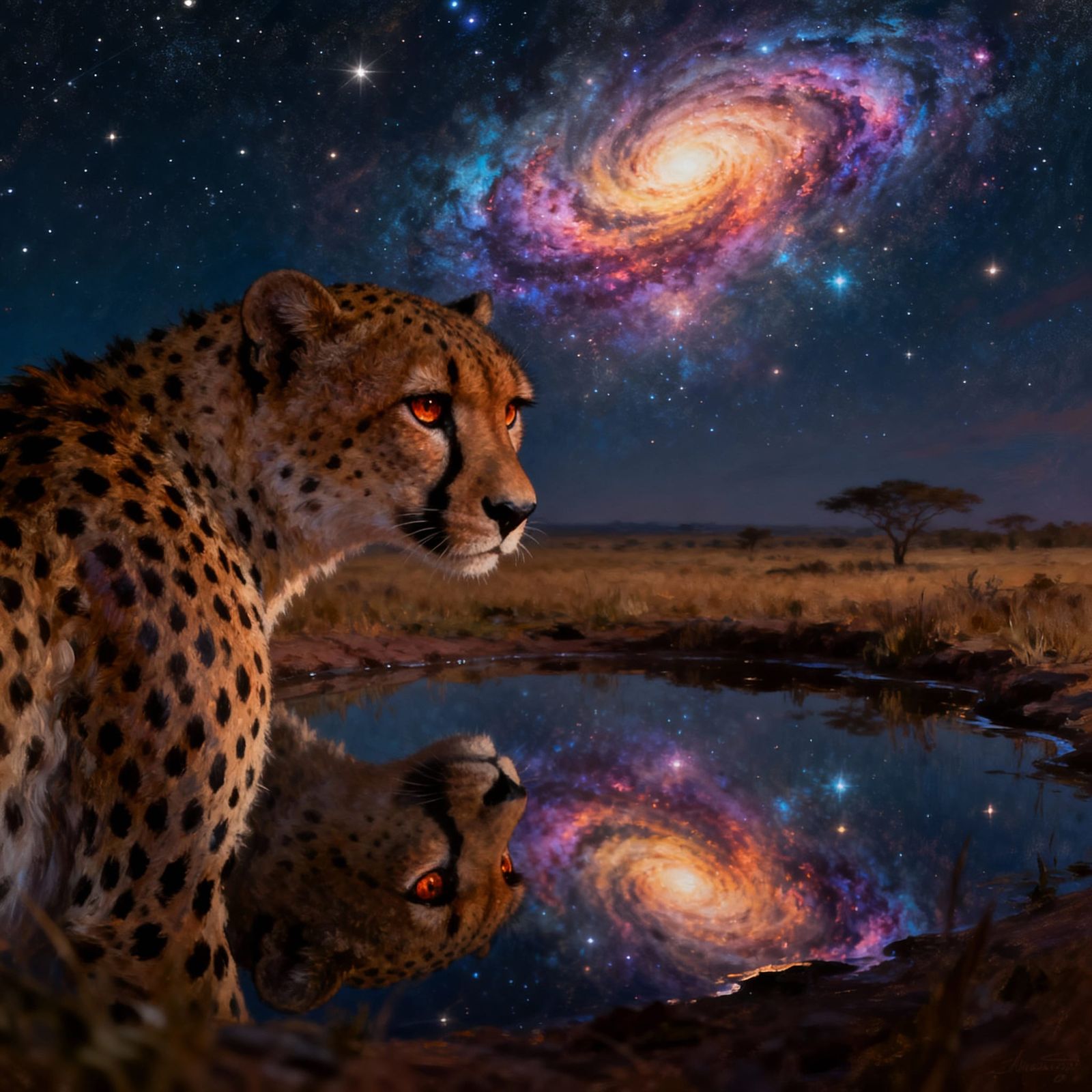 Cheetah Sees Reflection Under Starry Nebula Sky