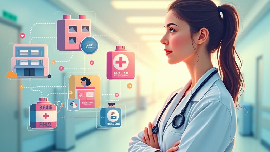 Integrated Healthcare Ecosystem in Digital Illustration Styl...