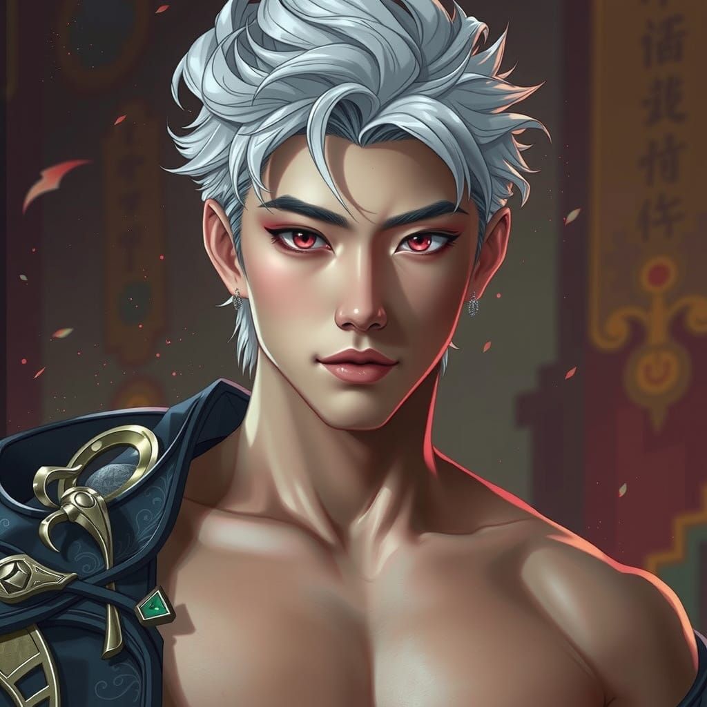 Ethereal Korean Prince with Chiseled Features and Red Eyes