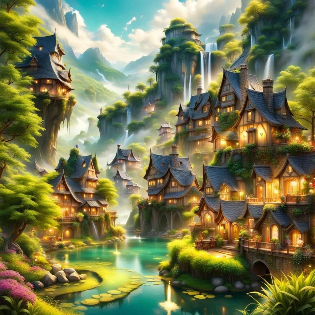 Enchanted Village Emerges from Mist: Digital Illustration