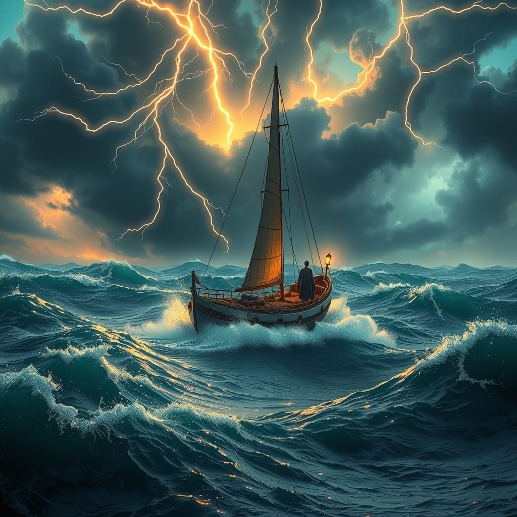 Sailboat Amidst Astral Storm in Digital Art