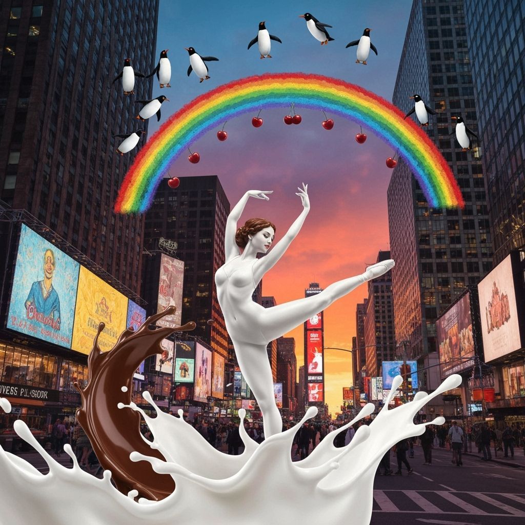 Milk & Chocolate Dancer in Times Square with Penguin Rainbow