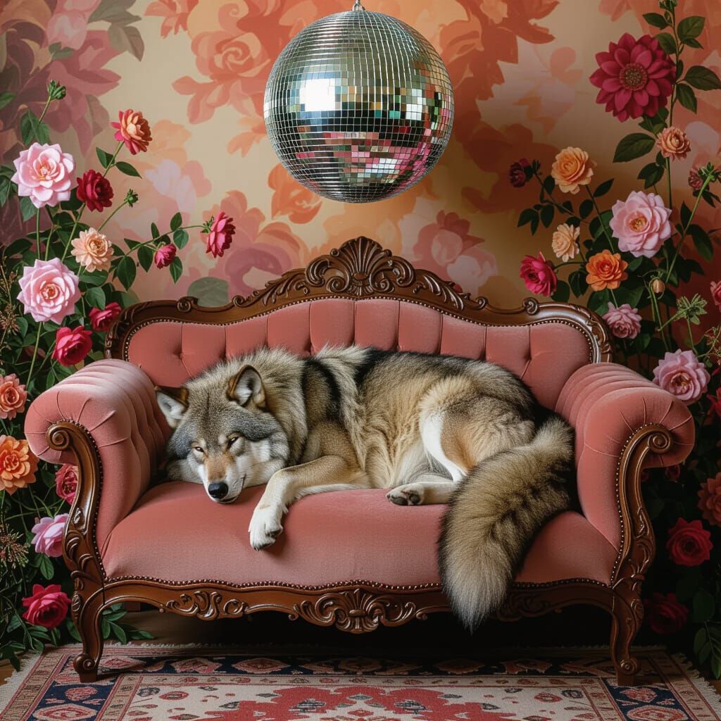 Victorian Couch with Sleeping Wolf and Disco Ball