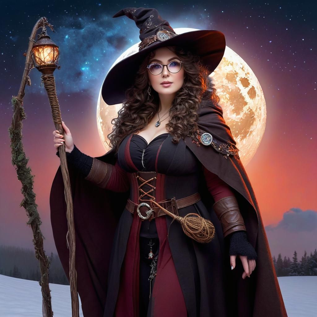 Chubby Druid with Newfoundland Dog in Snowy Forest