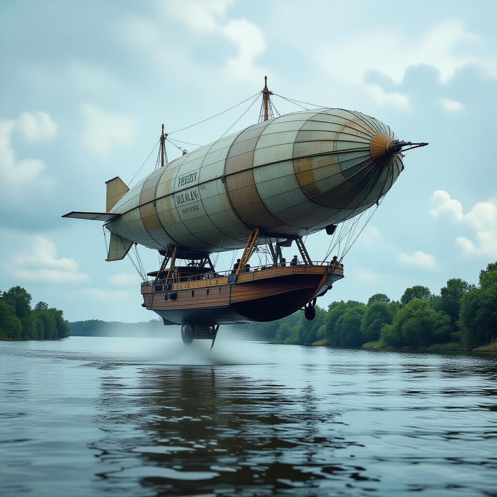 Airship Navigates Floating Mississippi: Cinematic Film Still