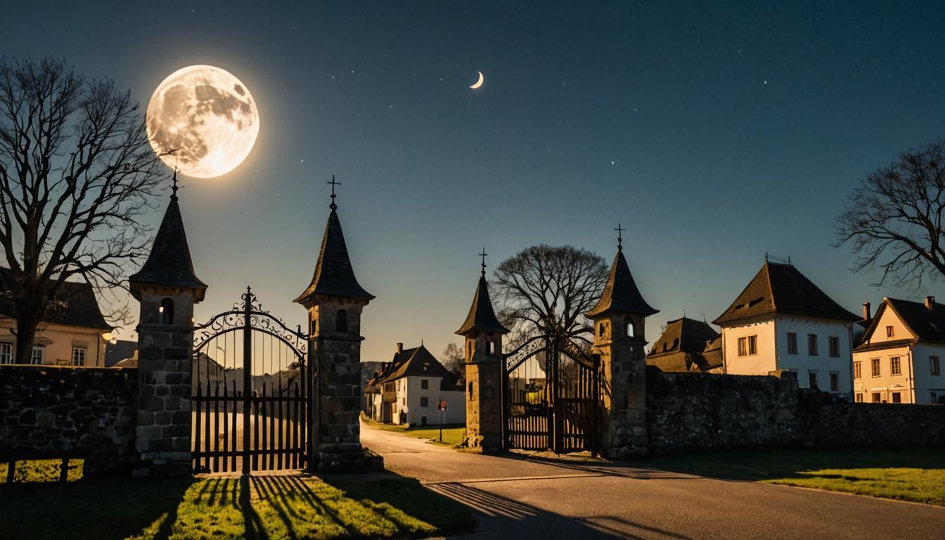 Moonlit Shadows Before a Closed Town Gate