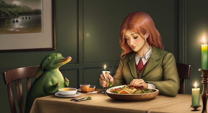 Platypuses Enjoy Candlelight Dinner in Colored Pencil Sketch