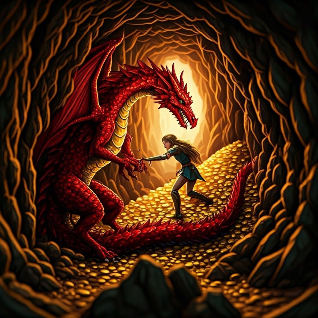 Red Dragon Battle in String Art Style