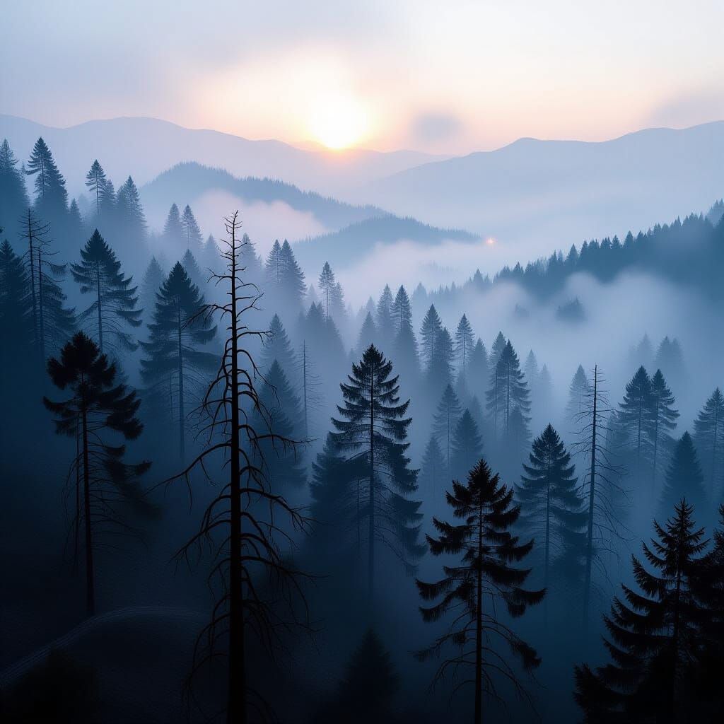 Burnt Forest on Smoky Foggy Day with Distant Fires