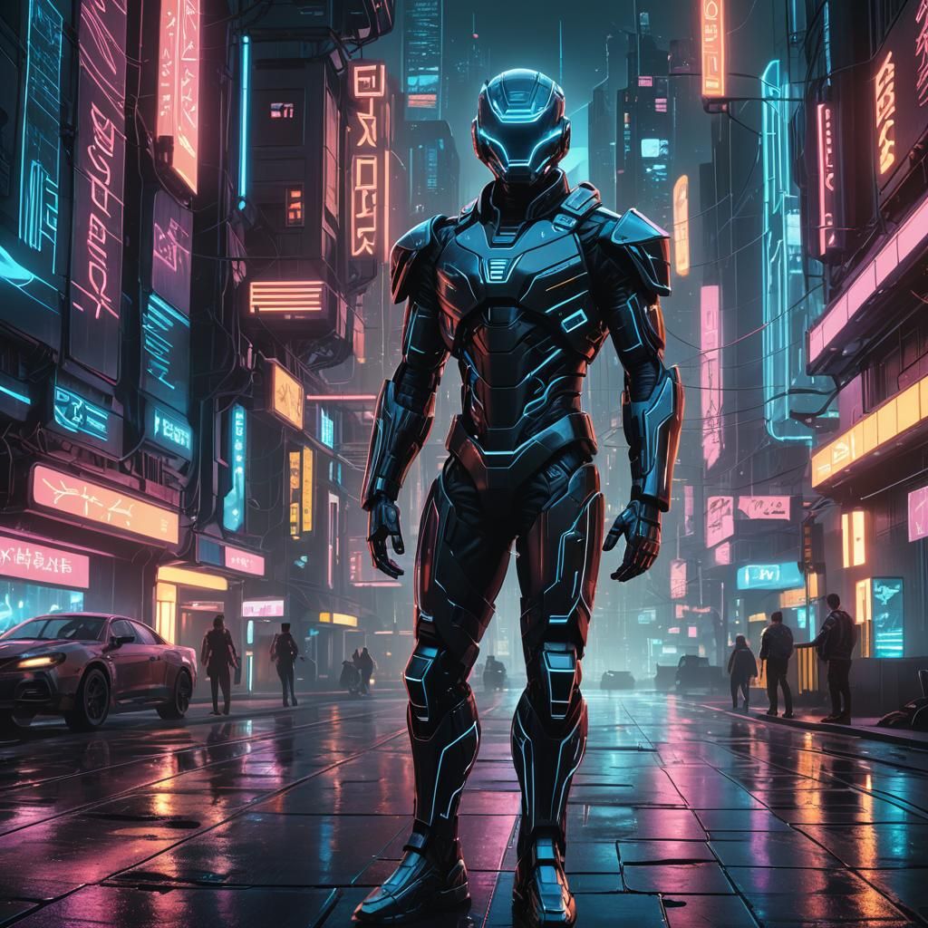 Cyberpunk Warrior in Neon Cityscape