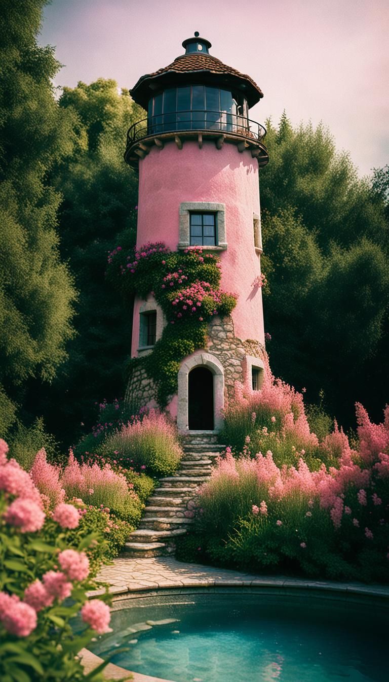 Cob House Tower Observatory in Pink Flower Garden