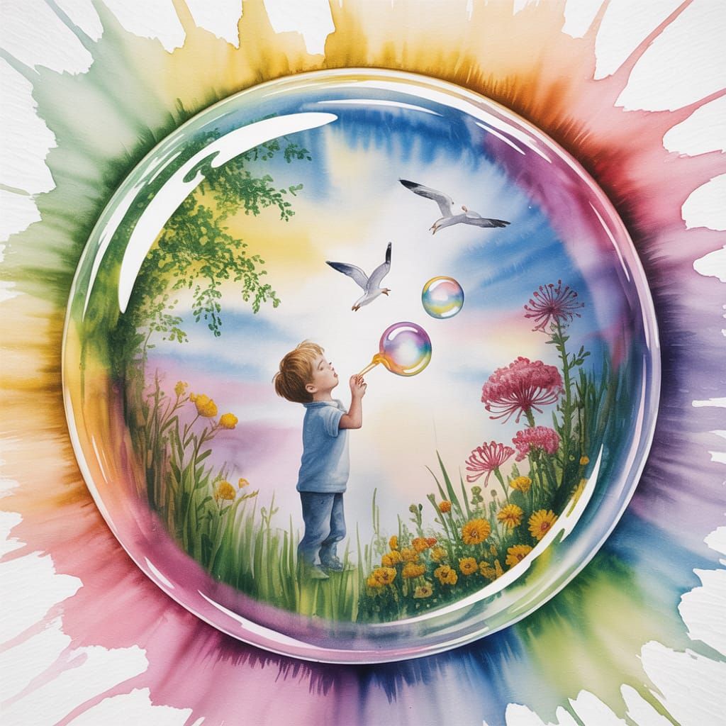Soap Bubble Reflection: Watercolor Fantasy Art