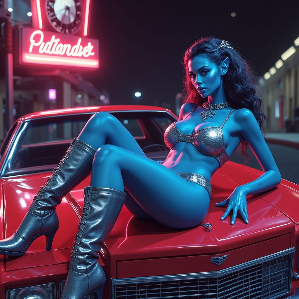 Sleek Blue Alien Goddess on Futuristic Car
