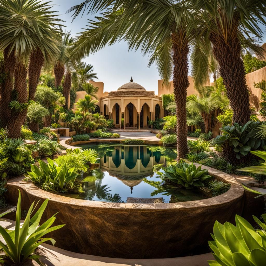 Moroccan Island Resort Garden with Fish Pond