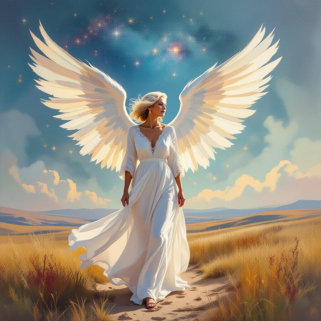 Cosmic Elderly Woman with Impressionistic Wings