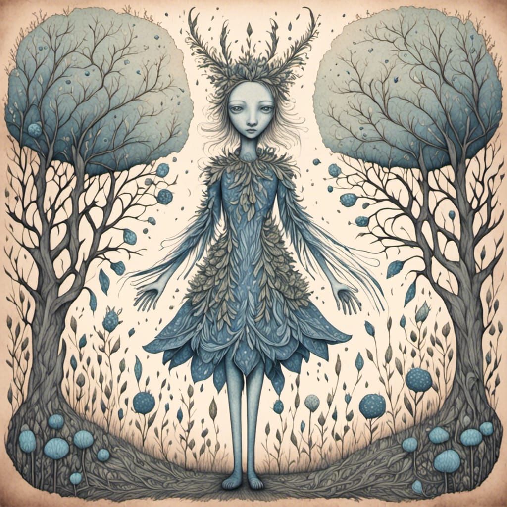 Winged Unicorn in Blue and Green Forest