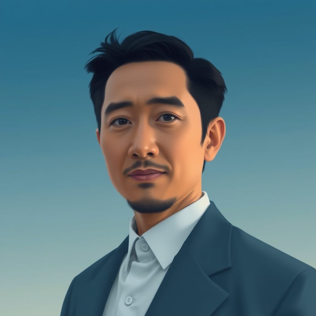 Elegant Satoshi Nakamoto Portrait in Soft Blue Hues