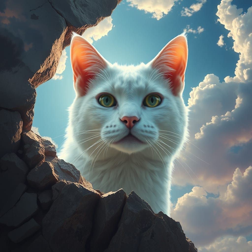 Giant White Cat Peeks From Cracked Sky