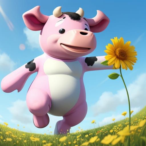 Anthropomorphic Cow Dancing in Flower Meadow