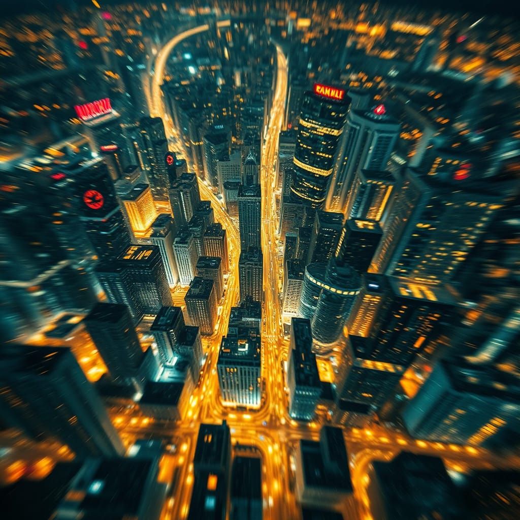 Cityscape in Distorted Grid with Ethereal Glow