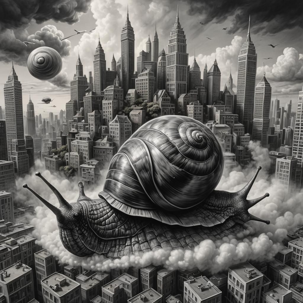 Island City on Snail's Back: Detailed Charcoal Drawing