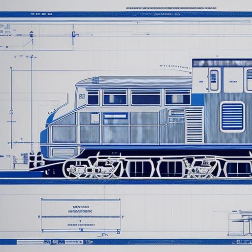 Detailed Sci-Fi Locomotive Blueprint in Cyanotype